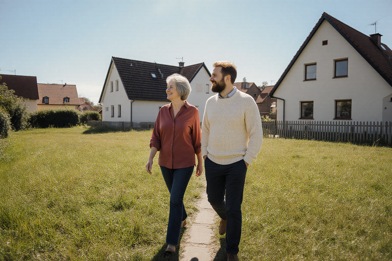 Freundlicher Rundgang über eine nutzbare Grünfläche zwischen normalen deutschen Wohnhäusern