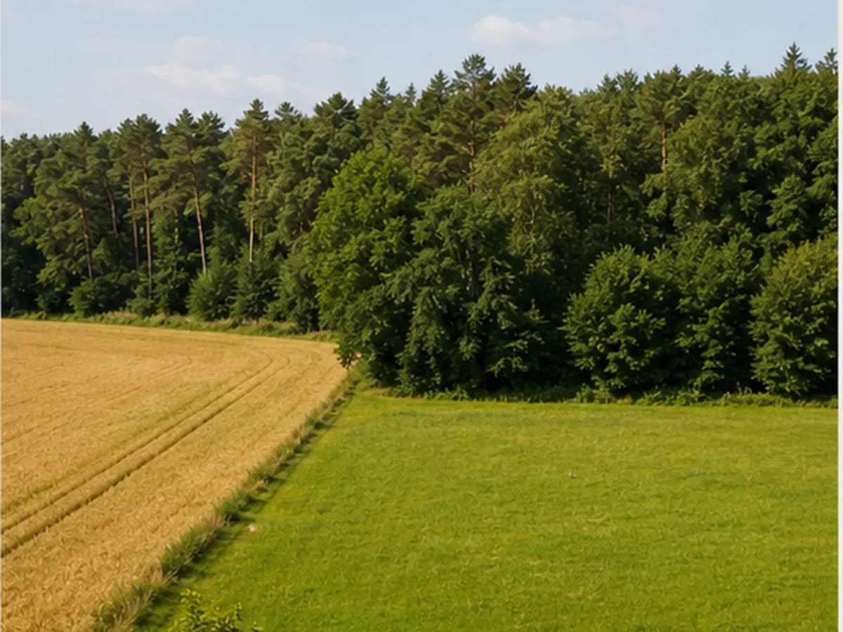 Baufläche, Acker und Waldrand als unterschiedliche Grundstücksarten
